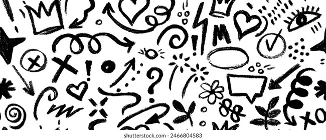 Vector seamless pattern  with charcoal graffiti doodle punk and girly shapes  Hand drawn abstract scribbles and squiggles, creative various shapes, pencil drawn icons. 