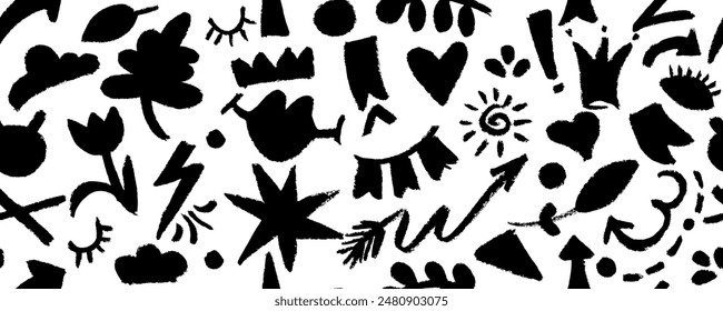 Vector seamless pattern  with charcoal graffiti doodle and girly shapes  Hand drawn abstract scribbles and squiggles, creative various shapes, pencil drawn. Scribbles, scrawls, stars, crown.