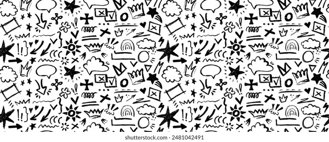 Vector seamless pattern  with charcoal graffiti doodle and girly shapes  Hand drawn abstract scribbles and squiggles, creative various shapes, pencil drawn. Scribbles, scrawls, stars, crown.