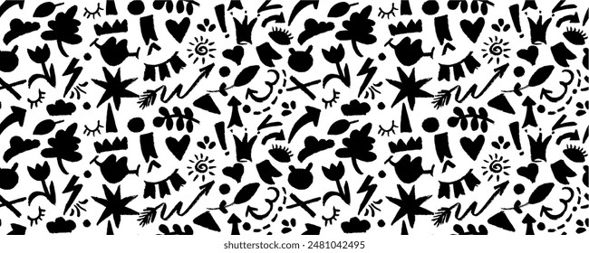 Vector seamless pattern  with charcoal graffiti doodle and girly shapes  Hand drawn abstract scribbles and squiggles, creative various shapes, pencil drawn. Scribbles, scrawls, stars, crown, 