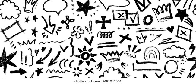 Vector seamless pattern  with charcoal graffiti doodle and girly shapes  Hand drawn abstract scribbles and squiggles, creative various shapes, pencil drawn. Scribbles, scrawls, stars, crown.