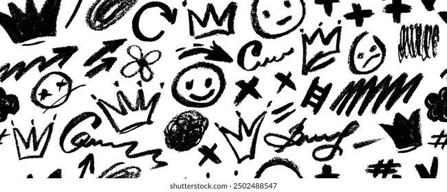 Vector seamless pattern with  charcoal graffiti doodle punk and girly shapes . Hand drawn abstract scribbles and squiggles, creative various shapes, pencil drawn icons.