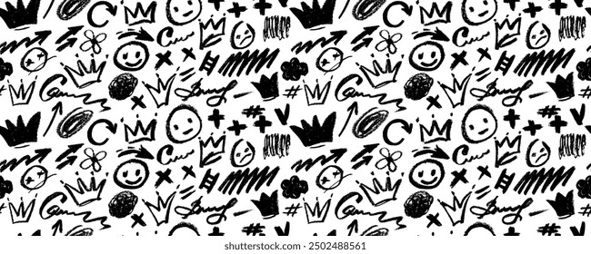 Vector seamless pattern with  charcoal graffiti doodle punk and girly shapes . Hand drawn abstract scribbles and squiggles, creative various shapes, pencil drawn icons.