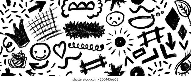 Vector seamless pattern with  charcoal graffiti doodle punk and girly shapes . Hand drawn abstract scribbles and squiggles, creative various shapes, pencil drawn icons.