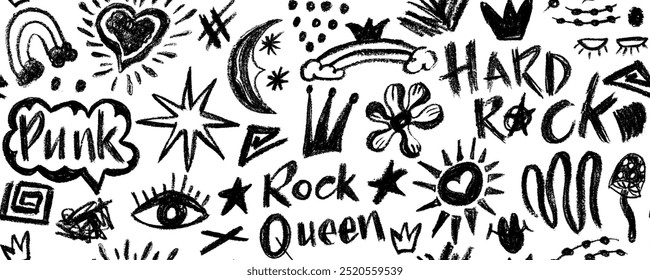 Vector seamless pattern charcoal graffiti doodle punk and girly shapes . Hand drawn abstract scribbles and squiggles, creative various shapes . Scribbles, scrawls, stars, crown,  punk, rock, curly.i