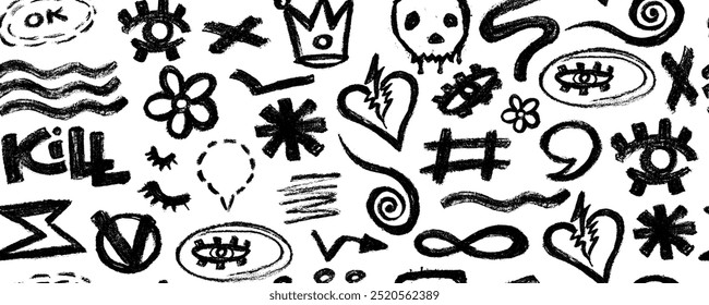 Vector seamless pattern with charcoal graffiti doodle punk and girly shapes . Hand drawn abstract scribbles and squiggles, creative various shapes, pencil drawn icons.