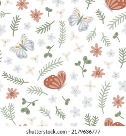 Vector seamless pattern with charming butterflies and flowers. Hand drawn childish background with forest elements. Endless kids texture for apparel, textile and wallpaper. Cute woodland illustration