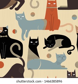 Vector seamless pattern with charming cats and their toy balls