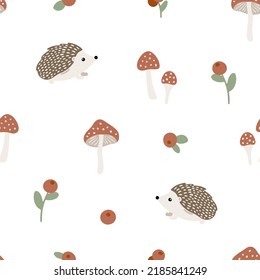 Vector seamless pattern with charming hedgehogs, berries and mushrooms. Hand drawn childish background with forest animals. Kids texture for apparel, textile and wallpaper. Cute woodland illustration