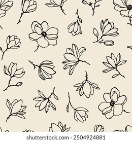 Vector seamless pattern with charming line art magnolia flowers in neutral colors. Seamless floral background. Vintage botanical background for textile, wrapping paper. Spring blooming pattern