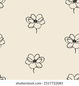 Vector seamless pattern with charming line art magnolia flowers in neutral colors. Seamless floral background. Vintage botanical background for textile, wrapping paper. Spring blooming pattern