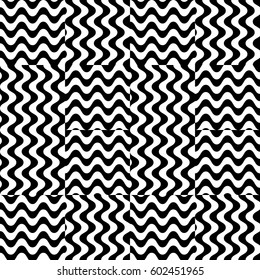 Vector seamless pattern. Checkered background, design template with striped black white wave curve lines. Backdrop, texture with optical illusion effect. Fabric textile swatch for cloth blanket carpet