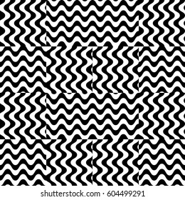 Vector seamless pattern. Checkered background, design template with striped black white wave curve lines. Backdrop, texture with optical illusion effect. Fabric textile, web cover, print, badge.