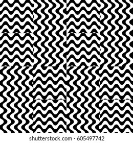 Vector seamless pattern. Checkered background, design template with striped black white wave curve lines. Backdrop, texture with optical illusion effect. Fabric textile swatch for cloth blanket carpet