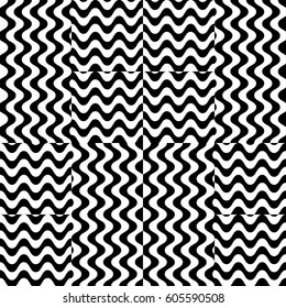 Vector seamless pattern. Checkered background, design template with striped black white wave curve lines. Backdrop, texture with optical illusion effect. Fabric textile swatch for cloth blanket carpet