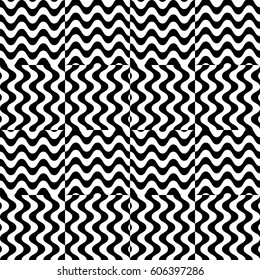 Vector seamless pattern. Checkered background, design template with striped black white wave curve lines. Backdrop, texture with optical illusion effect. Fabric textile swatch for cloth blanket carpet