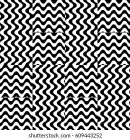 Vector seamless pattern. Checkered background, design template with striped black white wave curve lines. Backdrop, texture with optical illusion effect. Fabric textile swatch for cloth blanket carpet