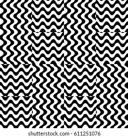 Vector seamless pattern. Checkered background, design template with striped black white wave curve lines. Backdrop, texture with optical illusion effect. Fabric textile swatch for cloth blanket carpet
