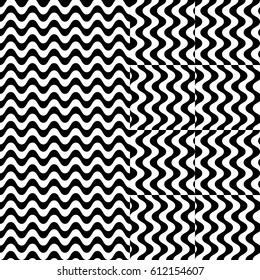 Vector seamless pattern. Checkered background, design template with striped black white wave curve lines. Backdrop, texture with optical illusion effect. Fabric textile swatch for cloth blanket carpet