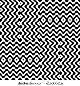 Vector seamless pattern. Checkered background, design template with striped black white wave curve lines. Backdrop, texture with optical illusion effect. Fabric textile swatch for cloth blanket carpet