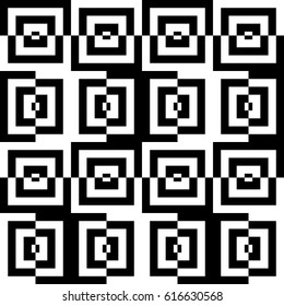 Vector seamless pattern. Checkered background, design template with striped black white lines and checked square. Backdrop, texture with optical illusion effect. Checkerboard tile in op art style.