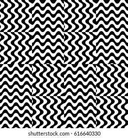 Vector seamless pattern. Checkered background, design template with striped black white wave curve lines. Backdrop, texture with optical illusion effect. Fabric textile, web cover, print, badge.