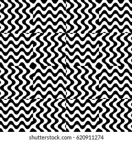 Vector seamless pattern. Checkered background, design template with striped black white wave curve lines. Backdrop, texture with optical illusion effect. Fabric textile, web cover, print, badge.