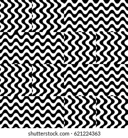 Vector seamless pattern. Checkered background, design template with striped black white wave curve lines. Backdrop, texture with optical illusion effect. Fabric textile swatch for cloth blanket carpet