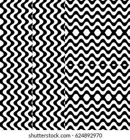Vector seamless pattern. Checkered background, design template with striped black white wave curve lines. Backdrop, texture with optical illusion effect. Fabric textile, web cover, print, badge.