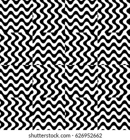 Vector seamless pattern. Checkered background, design template with striped black white wave curve lines. Backdrop, texture with optical illusion effect. Fabric textile swatch for cloth blanket carpet
