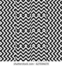 Vector seamless pattern. Checkered background, design template with striped black white wave curve lines. Backdrop, texture with optical illusion effect. Fabric textile, web cover, print, badge.