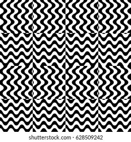 Vector seamless pattern. Checkered background, design template with striped black white wave curve lines. Backdrop, texture with optical illusion effect. Fabric textile, web cover, print, badge.