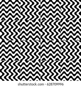 Vector seamless pattern. Checkered background, design template with striped black white wave curve lines. Backdrop, texture with optical illusion effect. Fabric textile swatch for cloth blanket carpet