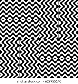 Vector seamless pattern. Checkered background, design template with striped black white wave curve lines. Backdrop, texture with optical illusion effect. Fabric textile swatch for cloth blanket carpet