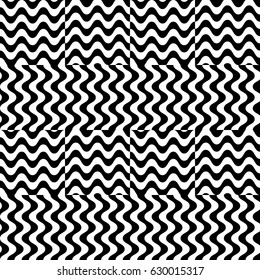 Vector seamless pattern. Checkered background, design template with striped black white wave curve lines. Backdrop, texture with optical illusion effect. Fabric textile, web cover, print, badge.