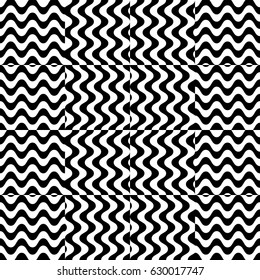 Vector seamless pattern. Checkered background, design template with striped black white wave curve lines. Backdrop, texture with optical illusion effect. Fabric textile, web cover, print, badge.