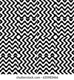Vector seamless pattern. Checkered background, design template with striped black white wave curve lines. Backdrop, texture with optical illusion effect. Fabric textile, web cover, print, badge.