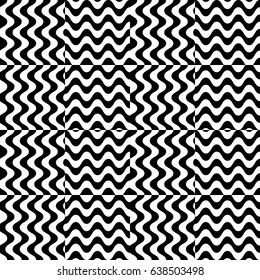 Vector seamless pattern. Checkered background, design template with striped black white wave curve lines. Backdrop, texture with optical illusion effect. Fabric textile, web cover, print, badge.