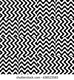 Vector seamless pattern. Checkered background, design template with striped black white wave curve lines. Backdrop, texture with optical illusion effect. Fabric textile, web cover, print, badge.