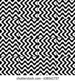 Vector seamless pattern. Checkered background, design template with striped black white wave curve lines. Backdrop, texture with optical illusion effect. Fabric textile, web cover, print, badge.