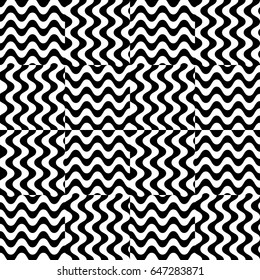 Vector seamless pattern. Checkered background, design template with striped black white wave curve lines. Backdrop, texture with optical illusion effect. Fabric textile, web cover, print, badge.