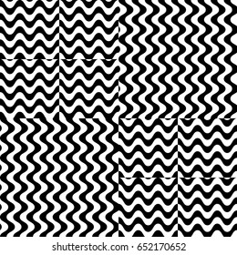 Vector seamless pattern. Checkered background, design template with striped black white wave curve lines. Backdrop, texture with optical illusion effect. Fabric textile swatch for cloth blanket carpet