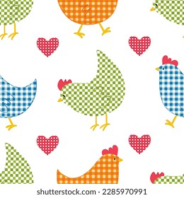 Vector seamless pattern with checkered chickens characters in vintage style for Easter design. Digital print with checkered chickens in cartoon style for textile and fabric design