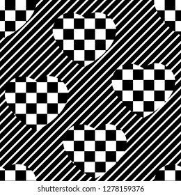Vector of seamless pattern with checkered hearts on striped background.Black and white

