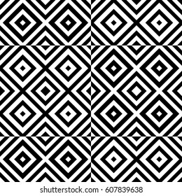 Vector seamless pattern. Checkered ornament, figurative design template with striped black white rhombuses (squares). Background, texture with op art effect. Checkerboard swatch, card, cover
