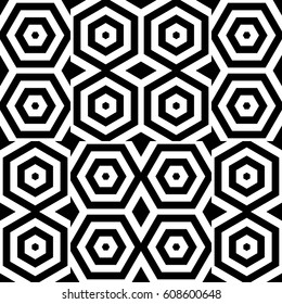 Vector seamless pattern. Checkered ornament, figurative design template with striped black white hexagons. Modern background, texture with op art effect. Checkerboard swatch, tile card, web app cover