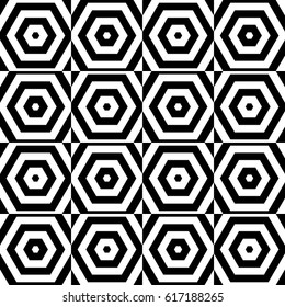 Vector seamless pattern. Checkered ornament, figurative design template with striped black white hexagons. Modern background, texture with op art effect. Checkerboard swatch, tile card, web app cover