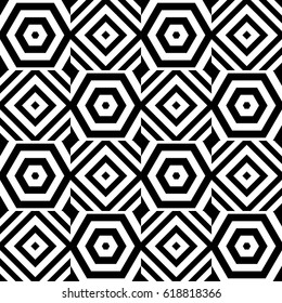 Vector seamless pattern. Checkered ornament, figurative design template with striped black white rhombuses (squares), hexagons. Background, texture with op art effect. Checkerboard swatch, card, cover