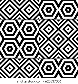 Vector seamless pattern. Checkered ornament, figurative design template with striped black white rhombuses (squares), hexagons. Background, texture with op art effect. Checkerboard swatch, card, cover