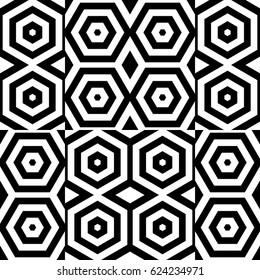 Vector seamless pattern. Checkered ornament, figurative design template with striped black white hexagons. Modern background, texture with op art effect. Checkerboard swatch, tile card, web app cover